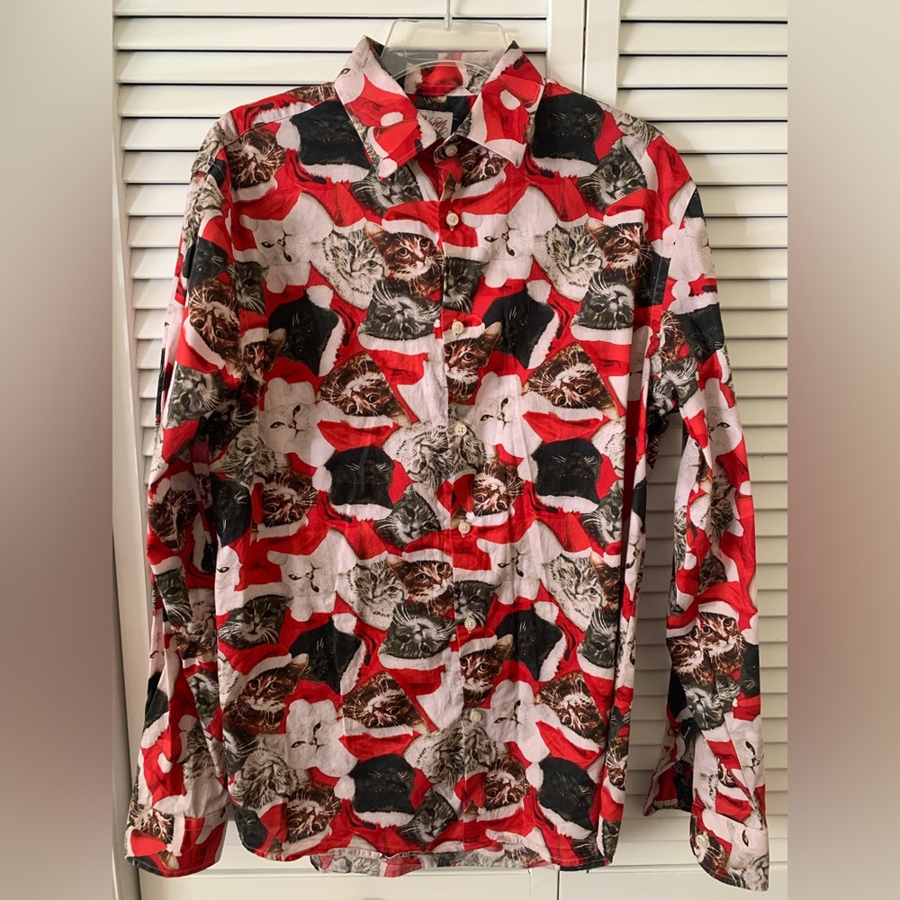 North Pole Men’s Santa Cats Cotton Button Down Shirt